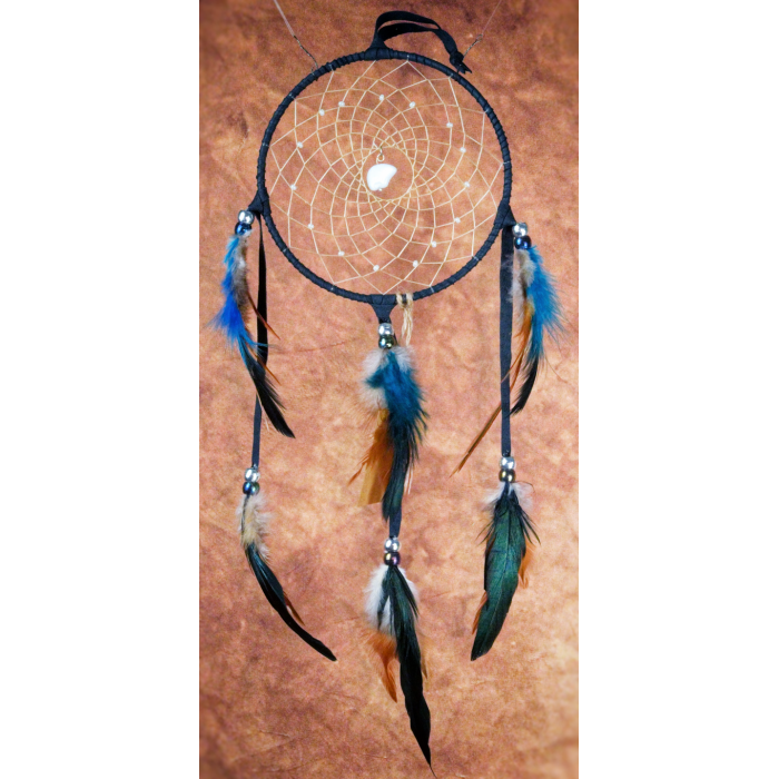 Item 96 - Smallish Dream Catcher 5" ring - Midnight blue leather - White Zuni bear