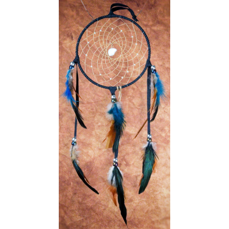 Item 96 - Smallish Dream Catcher 5" ring - Midnight blue leather - White Zuni bear