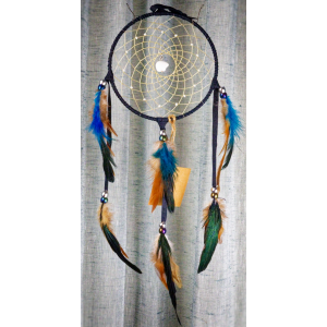 Item 96 - Smallish Dream Catcher 5" ring - Midnight blue leather - White Zuni bear