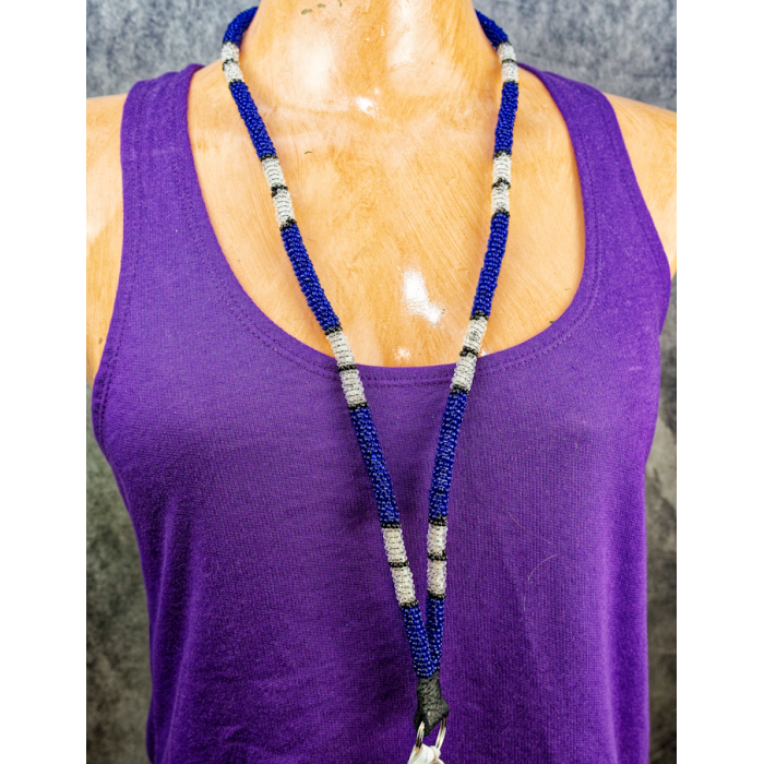 32 in Beaded Lanyard, Blue/Black/Clear