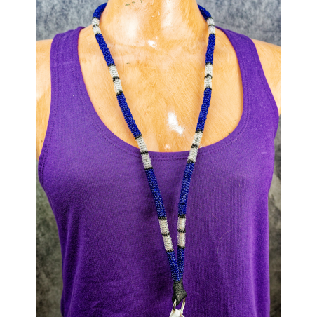 32 in Beaded Lanyard, Blue/Black/Clear