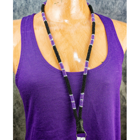 Item 135: 34 Inch long - Hand-Beaded Lanyard, Black/Purple/Pearly-White