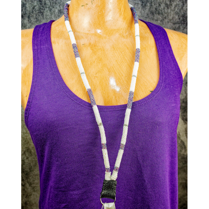 Item 136: 32 in Beaded Lanyard, Lavender/White/Silver