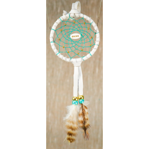 191 - Small 3" Dream catcher - White leather - Turquoise webbing -  Shine central bead