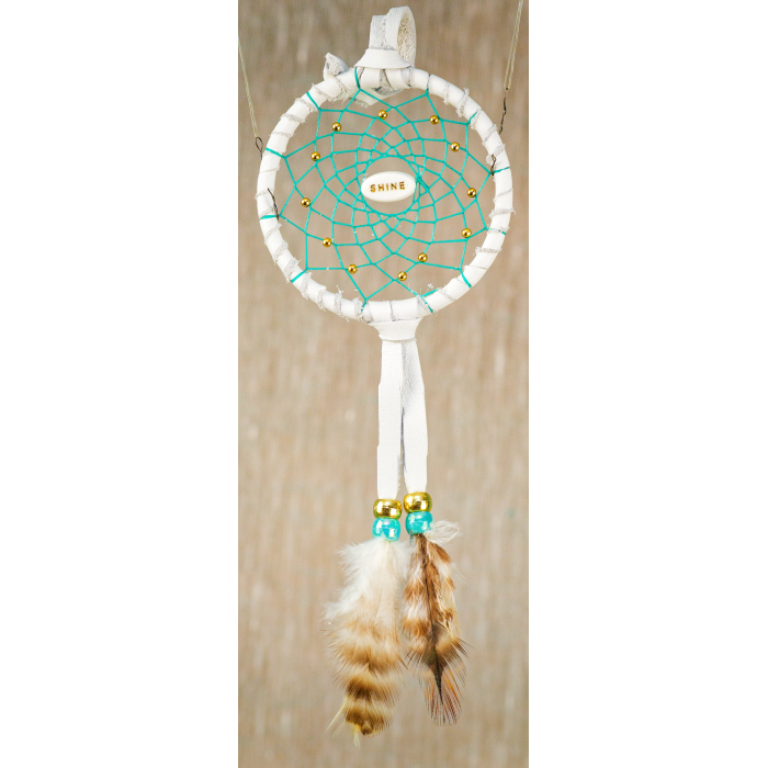 191 - Small 3" Dream catcher - White leather - Turquoise webbing -  Shine central bead