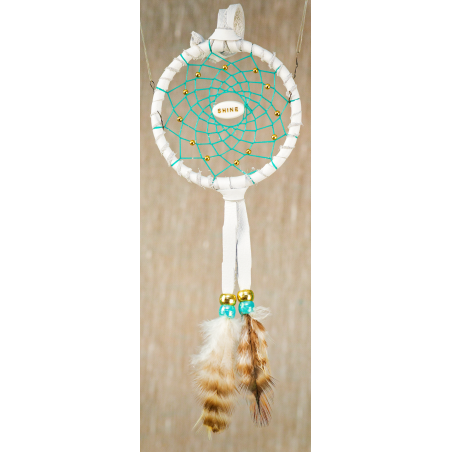191 - Small 3" Dream catcher - White leather - Turquoise webbing -  Shine central bead