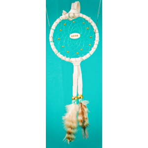191 - Small 3" Dream catcher - White leather - Turquoise webbing -  Shine central bead