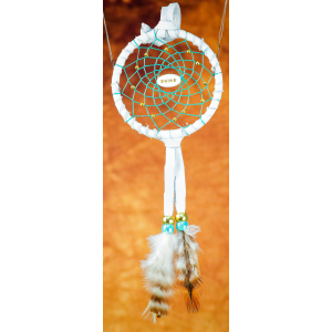 191 - Small 3" Dream catcher - White leather - Turquoise webbing -  Shine central bead