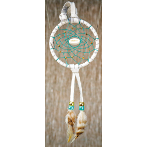 192 - Small 3" Dream catcher- White leather - Turquoise webbing - Dream central bead