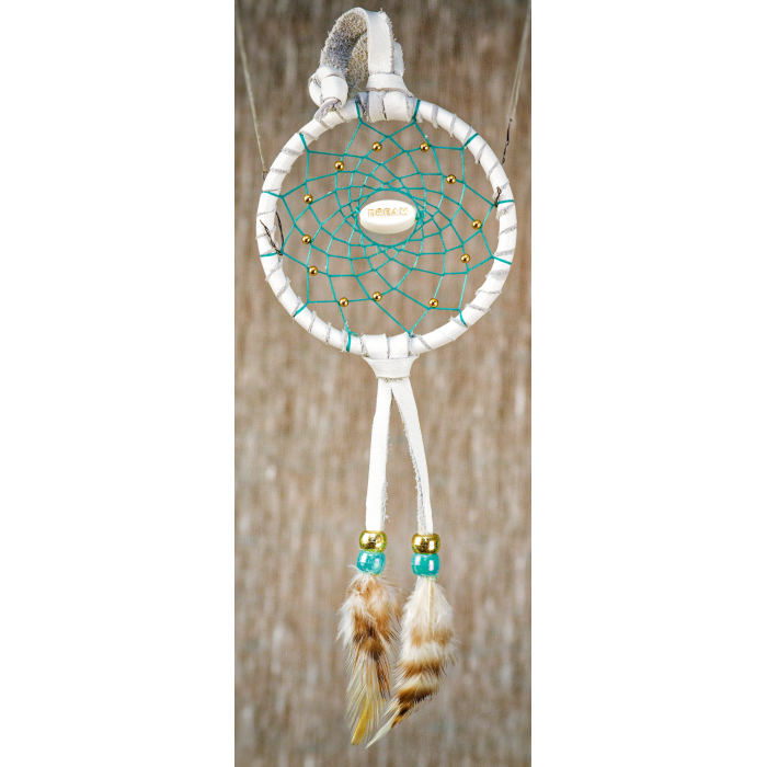 192 - Small 3" Dream catcher- White leather - Turquoise webbing - Dream central bead