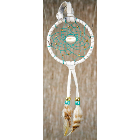 192 - Small 3" Dream catcher- White leather - Turquoise webbing - Dream central bead