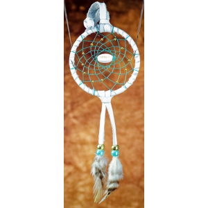 192 - Small 3" Dream catcher- White leather - Turquoise webbing - Dream central bead
