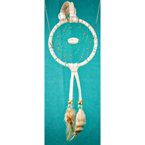 192 - Small 3" Dream catcher- White leather - Turquoise webbing - Dream central bead