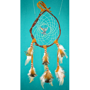 194- Small 4-5" Branch dreamcatcher - brown real leather blue beads and blue hummingbird in centre