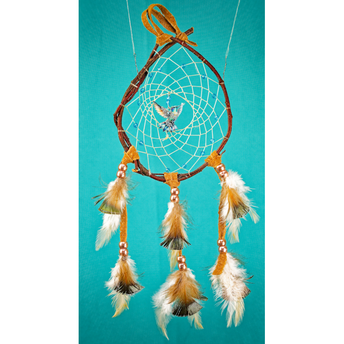 194- Small 4-5" Branch dreamcatcher - brown real leather blue beads and blue hummingbird in centre