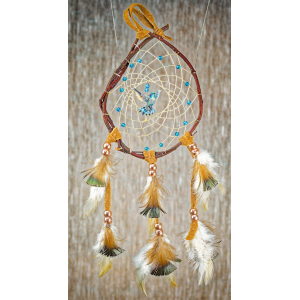 194- Small 4-5" Branch dreamcatcher - brown real leather blue beads and blue hummingbird in centre