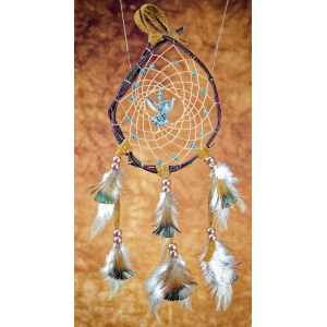 194- Small 4-5" Branch dreamcatcher - brown real leather blue beads and blue hummingbird in centre