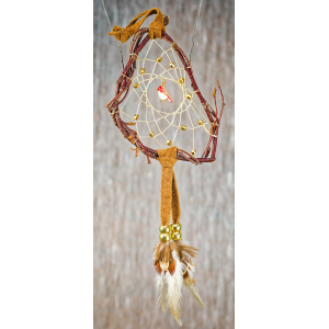 195- Dreamcatcher Small 3-4" dream catcher - real brown leather - gold beads - red bird