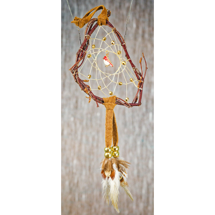 195- Dreamcatcher Small 3-4" dream catcher - real brown leather - gold beads - red bird