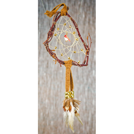 195- Dreamcatcher Small 3-4" dream catcher - real brown leather - gold beads - red bird