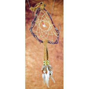 195- Dreamcatcher Small 3-4" dream catcher - real brown leather - gold beads - red bird