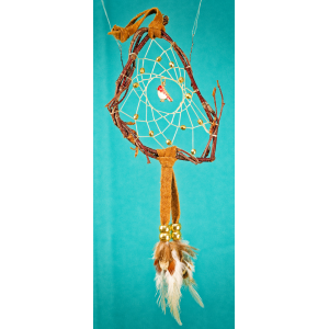 195- Dreamcatcher Small 3-4" dream catcher - real brown leather - gold beads - red bird