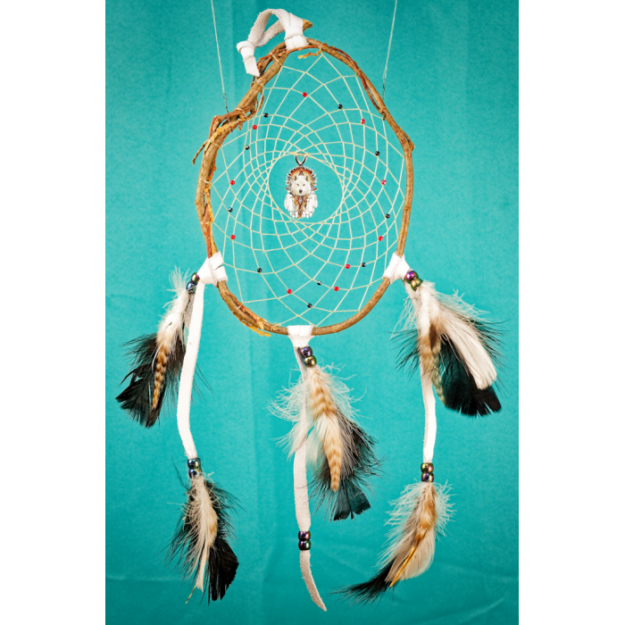 196-Dreamcatcher 6" branch medium - white leather - white wolf