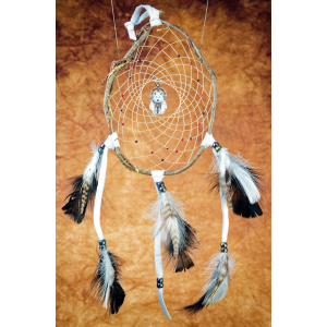 196-Dreamcatcher 6" branch medium - white leather - white wolf