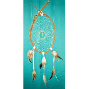 Item 197- 7-8" Cedar Branch Dream catcher - white leather - morganite stones - clear tulip central