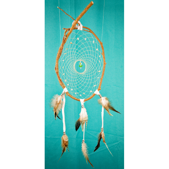 Item 197- 7-8" Cedar Branch Dream catcher - white leather - morganite stones - clear tulip central