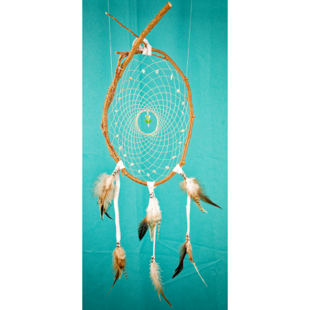 Item 197- 7-8" Cedar Branch Dream catcher - white leather - morganite stones - clear tulip central