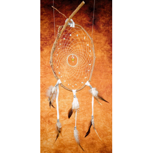 Item 197- 7-8" Cedar Branch Dream catcher - white leather - morganite stones - clear tulip central