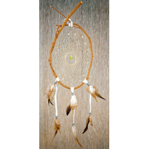 Item 197- 7-8" Cedar Branch Dream catcher - white leather - morganite stones - clear tulip central
