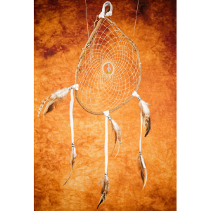 Item 198 - Cedar Branch dreamcatcher - 7" clear tulip - tiny glass beads - real leather white