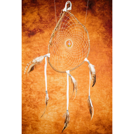 Item 198 - Cedar Branch dreamcatcher - 7" clear tulip - tiny glass beads - real leather white