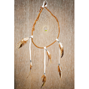Item 198 - Cedar Branch dreamcatcher - 7" clear tulip - tiny glass beads - real leather white