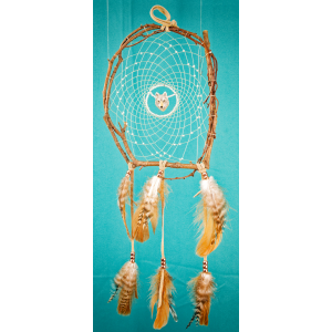 199 - 8" branch dream catcher - glow in the dark glass beads - ceramic wolf central - real leather