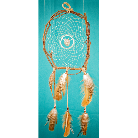 199 - 8" branch dream catcher - glow in the dark glass beads - ceramic wolf central - real leather