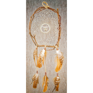 199 - 8" branch dream catcher - glow in the dark glass beads - ceramic wolf central - real leather