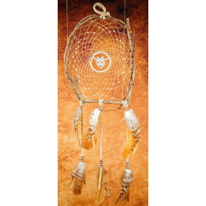 199 - 8" branch dream catcher - glow in the dark glass beads - ceramic wolf central - real leather