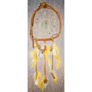 200 - 6" branch dream catcher - real brown leather - prehnite chip beads - green glass central