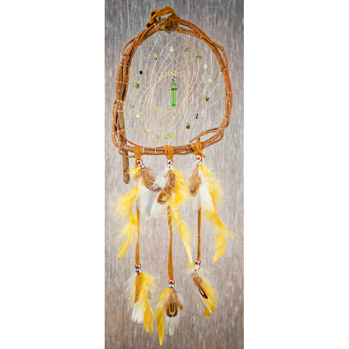 200 - 6" branch dream catcher - real brown leather - prehnite chip beads - green glass central