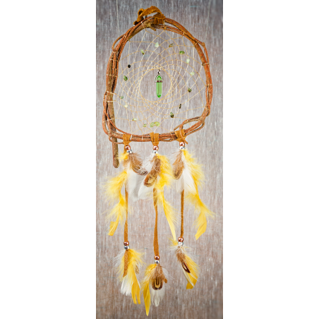 200 - 6" branch dream catcher - real brown leather - prehnite chip beads - green glass central