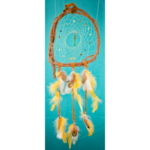 200 - 6" branch dream catcher - real brown leather - prehnite chip beads - green glass central