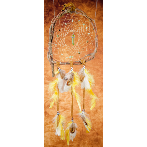 200 - 6" branch dream catcher - real brown leather - prehnite chip beads - green glass central