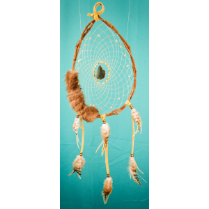 201 - 10" branch dream catcher - beaver fur -  thick agate central - Sunstone chips in webbing - real leather tan