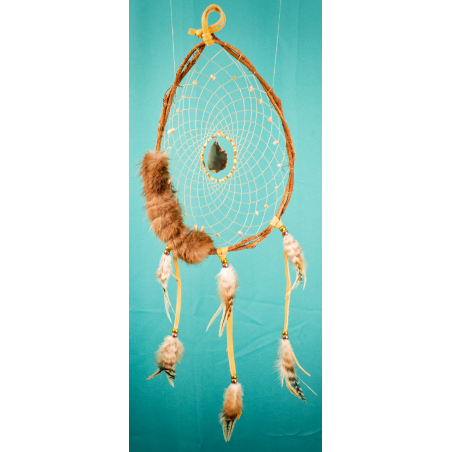 Item 201: - 8- 10" branch dream catcher - beaver fur -  thick agate central - Sunstone chips in webbing - real leather tan