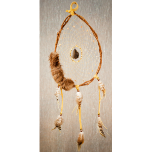 201 - 10" branch dream catcher - beaver fur -  thick agate central - Sunstone chips in webbing - real leather tan
