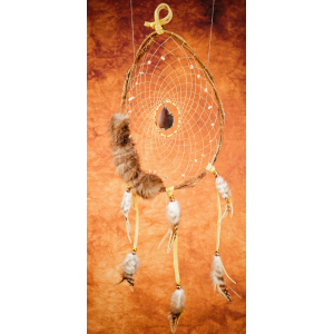 Item 201: - 8- 10" branch dream catcher - beaver fur -  thick agate central - Sunstone chips in webbing - real leather tan
