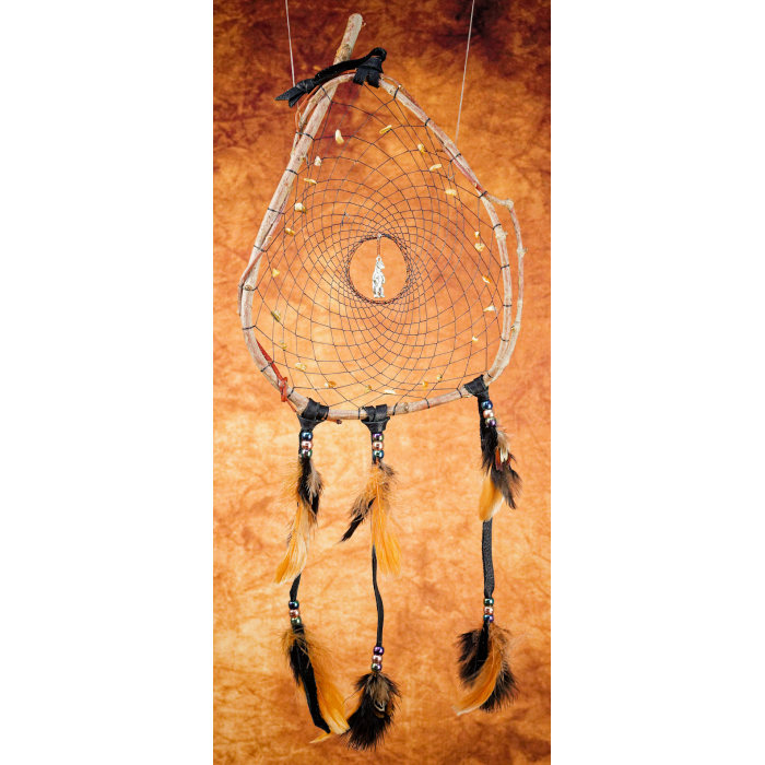 202 - Medium size Branch Dreamcatcher - Standing Bear - picture jasper - black leather